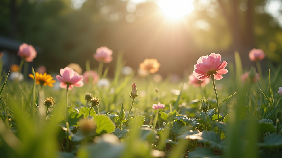 Eye-level view of a peaceful garden with blooming flowers
