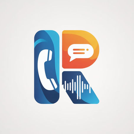 Blue and orange communication icons—phone, chat bubble, waveform—forming the shape of an R, flat corporate illustration.