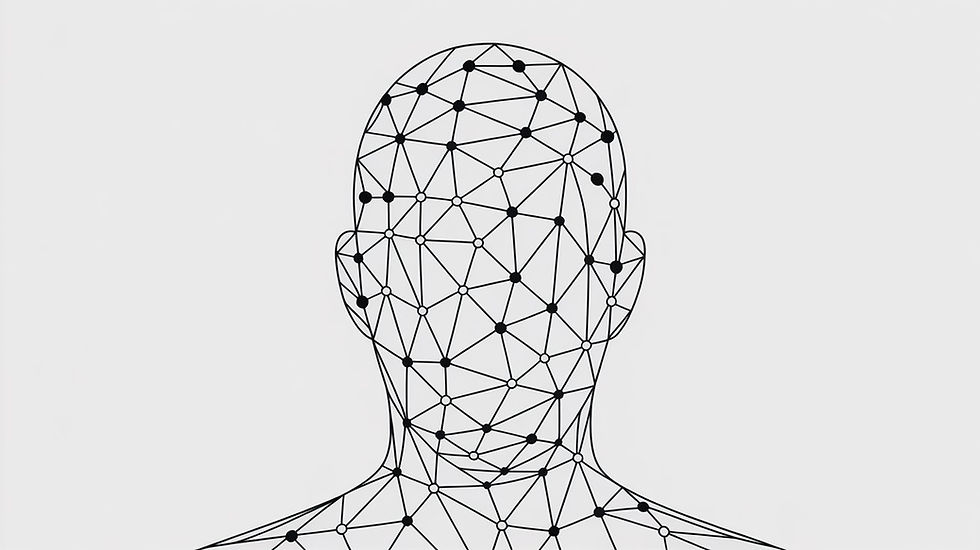 A monoline drawing of a human head silhouette fillead with small interconnected nodes, simple geometric style.