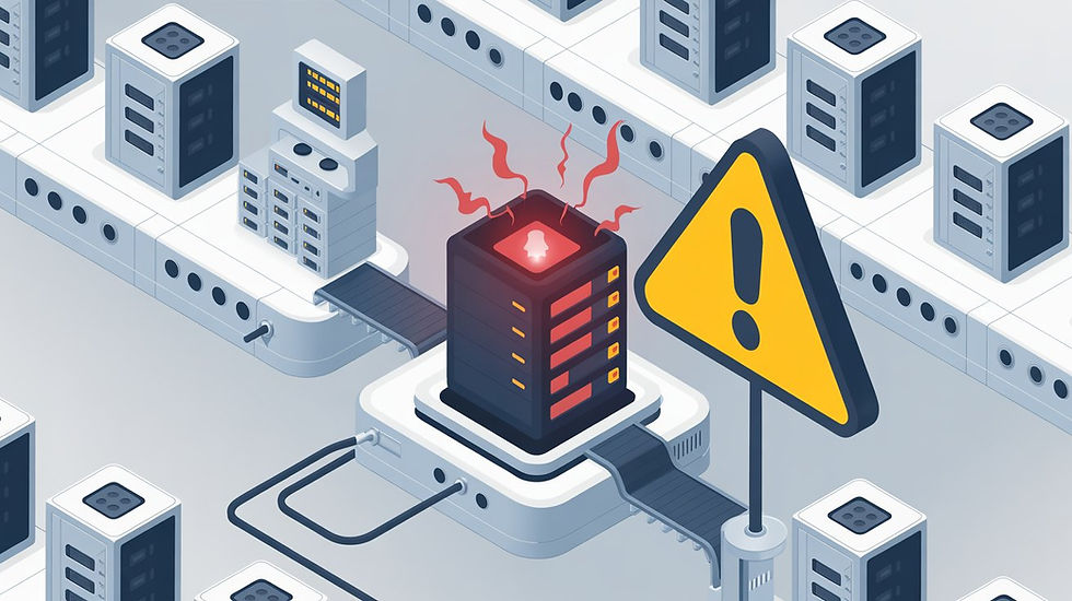 Isometric AI factory with one machine overloaded and marked with a caution sign