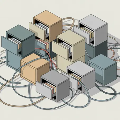 Isometric view of multiple filing cabinets with tangled lines connecting them, representing legacy data systems, flat colors, simple geometric shapes