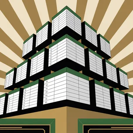 Art deco style illustration, Excel spreadsheet cells forming an imposing monument, symmetrical design, Microsoft green and gold accents, strong vertical lines