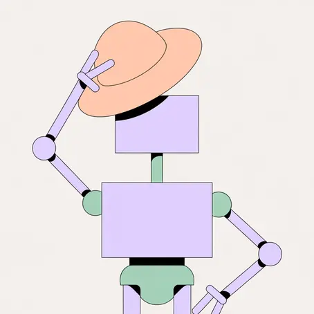 Simple geometric robot silhouette trying on a hat, pastel color palette, minimal shapes
