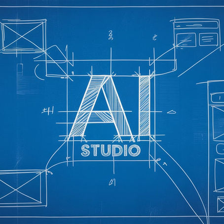 Google AI Studio logo on blueprint paper with simple app interface sketch lines appearing, technical drawing style.