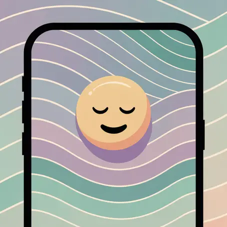 A  mobile phone screen showing a calm face emoji surrounded by gentle wave patterns