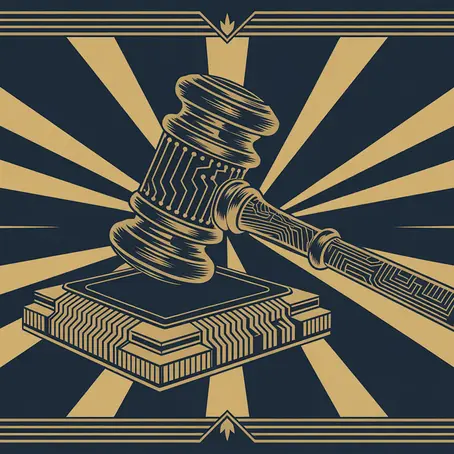Art Deco poster, stylized gavel and microchip merged together, gold and deep blue palette, symmetrical rays, elegant typography era aesthetic