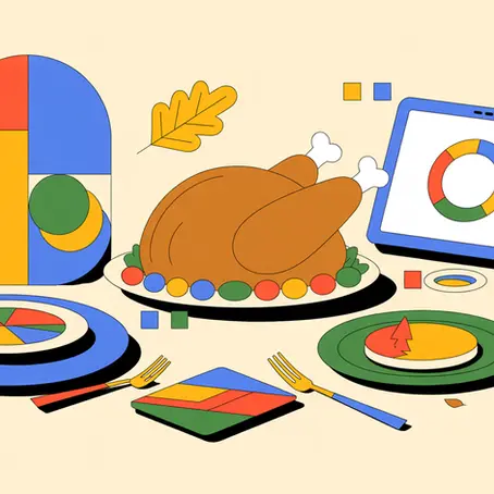 A playful Thanksgiving scene with Google-style branding colors and graphics, featuring a cozy table setting, subtle tech elements like a tablet or phone nearby, cheerful and light-hearted, in a modern flat illustration style