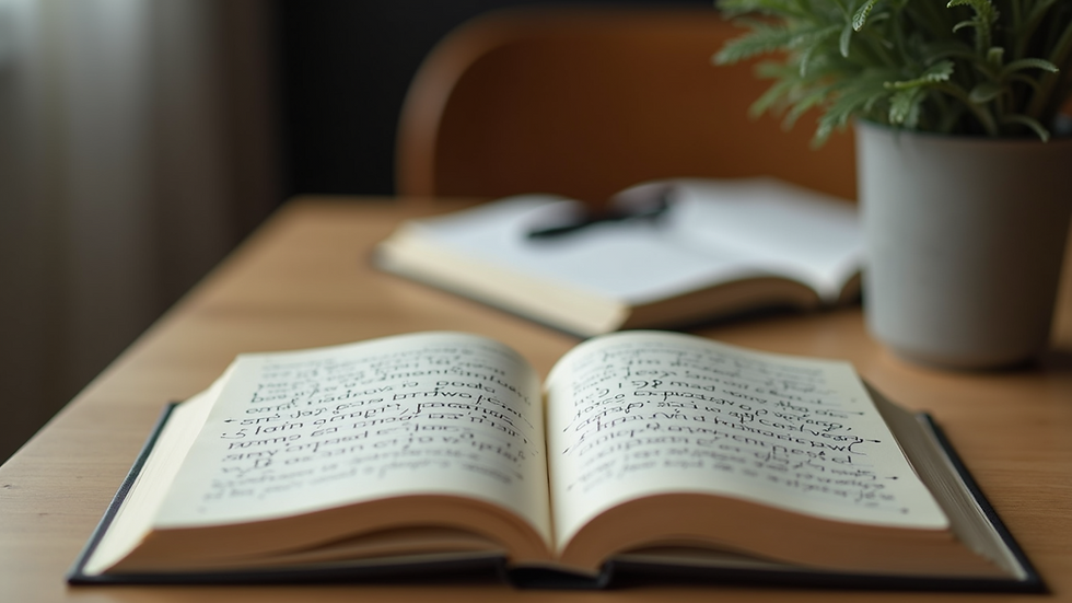 Eye-level view of an open book with handwritten notes on a wooden table