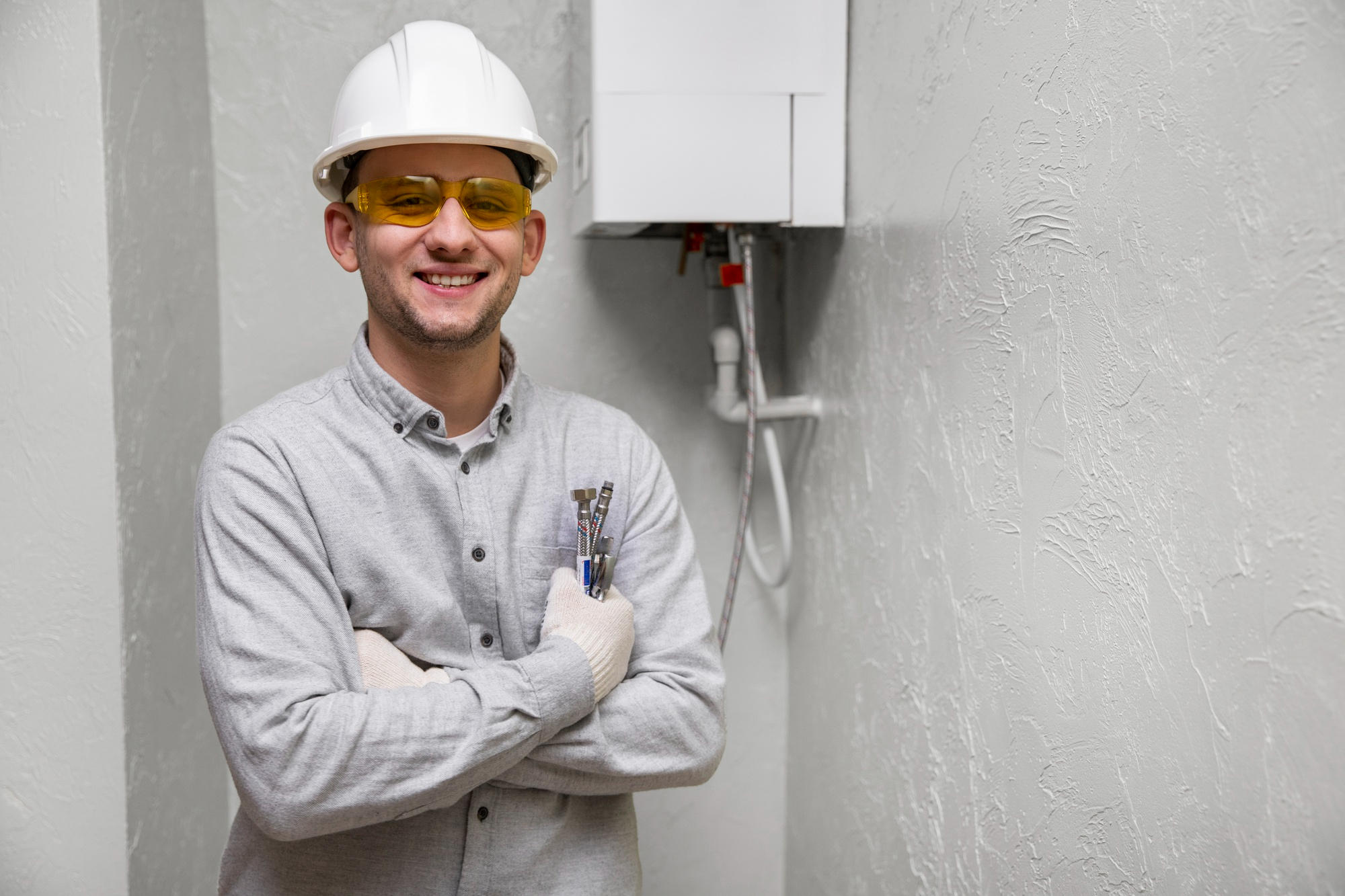 Smiling HVAC technician by a water heater