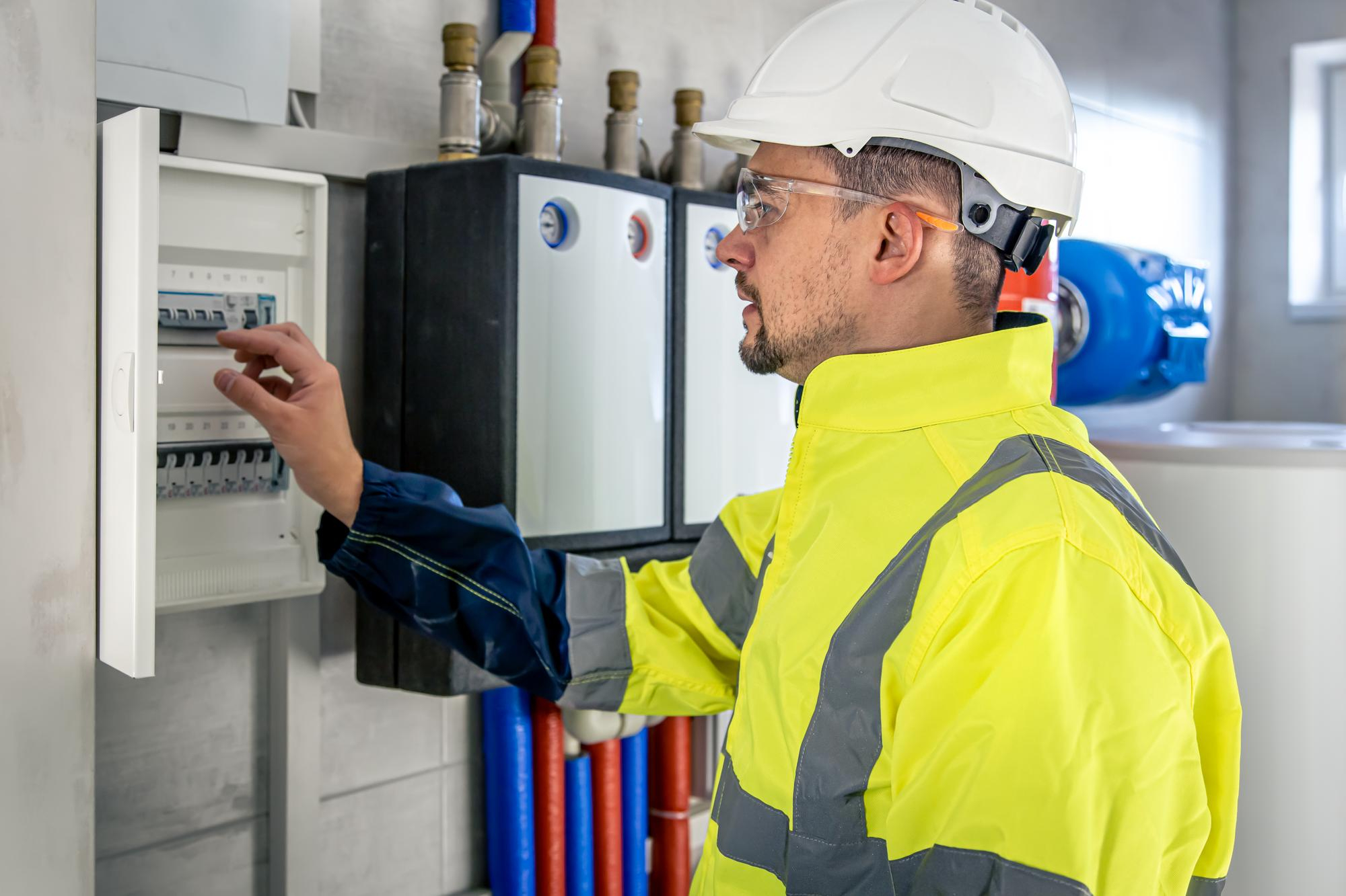 Technician in safety gear inspecting electrical panel