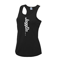 Black JoggOn race vest with vertical white text.