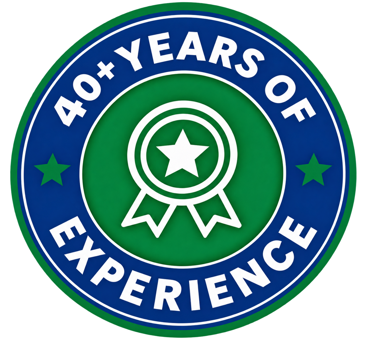 Circular badge stating 40+ years of experience