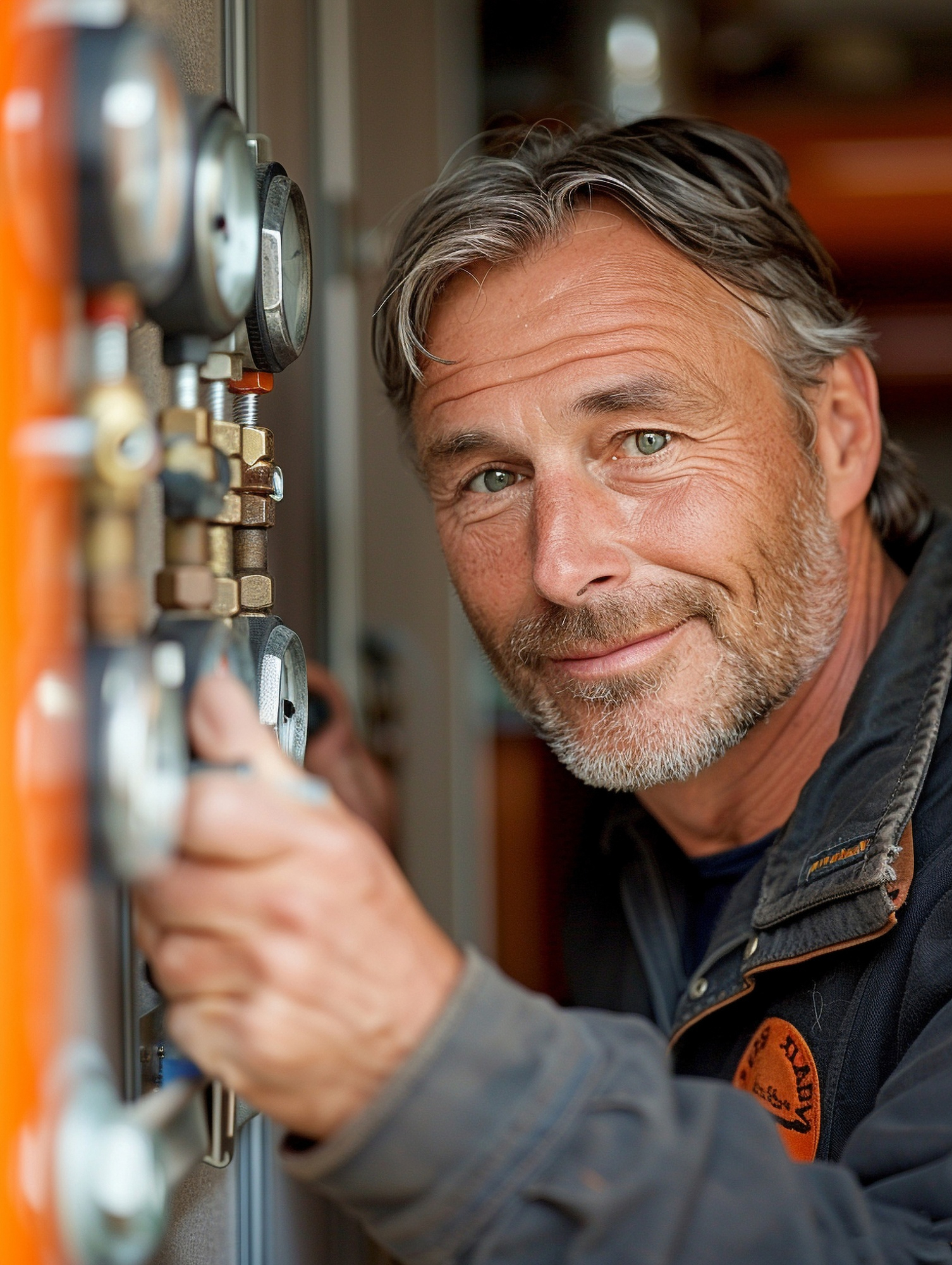 A smiling technician adjusting industrial pressure gauges.
