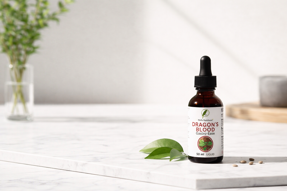 Amber bottle of Gastro-Ease Dragon’s Blood liquid digestive support on neutral botanical backdrop