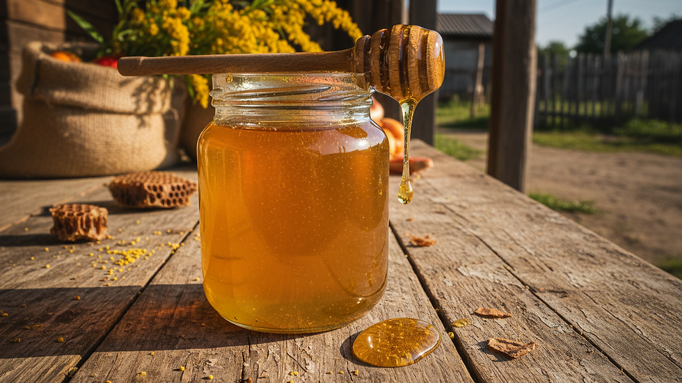 Eye-level view of a jar of honey with a wooden honey dipper resting on top