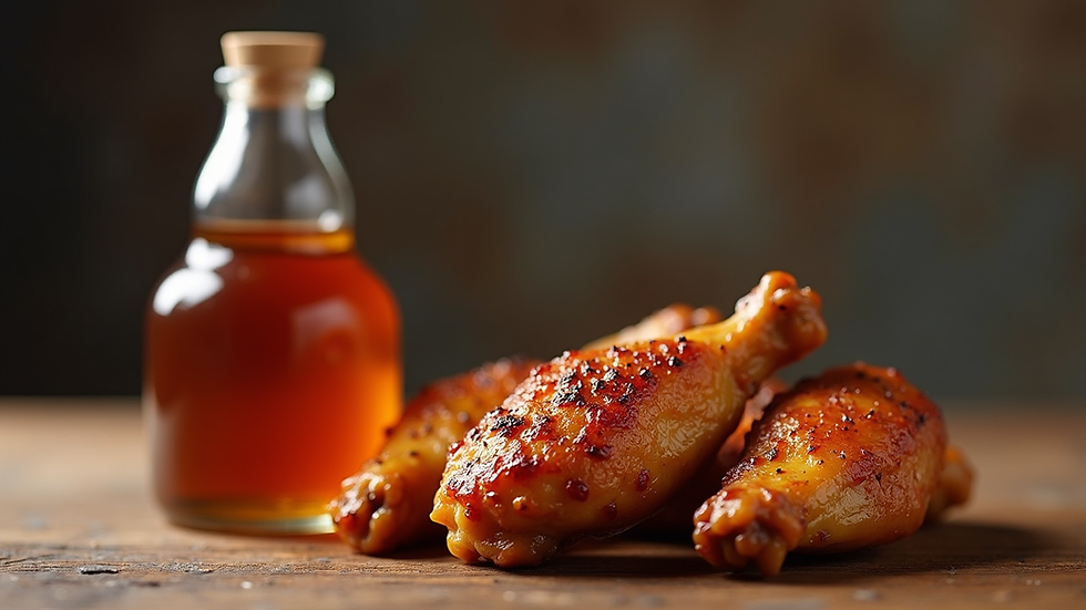 Eye-level view of a bottle of smoked hot honey with grilled chicken wings