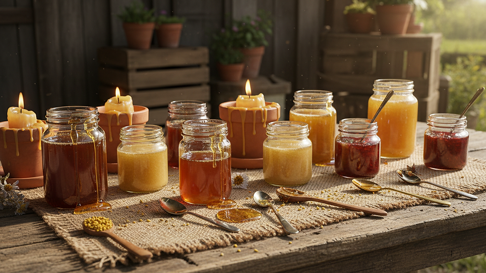 Eye-level view of a honey tasting setup with various honey jars and tasting spoons