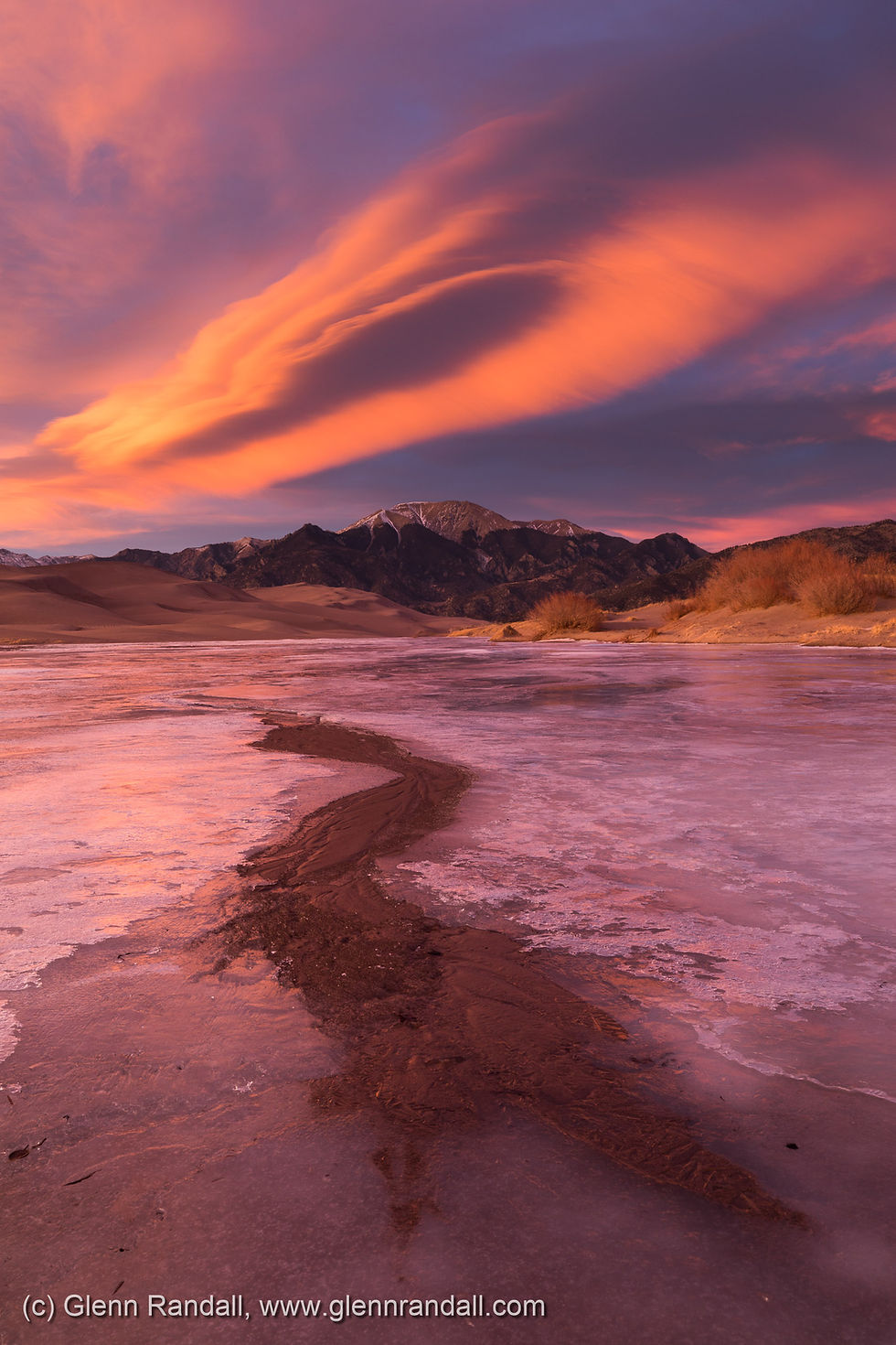 Mt. Herard and Medano Creek at sunset, Great Sand Dunes National Park, Colorado.