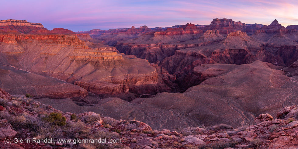 Zoroaster Temple, Brahma Temple, Angels Gate, Cape Royal, and Vishnu Temple from Horseshoe Mesa at sunrise, Grand Canyon National Park, Arizona
