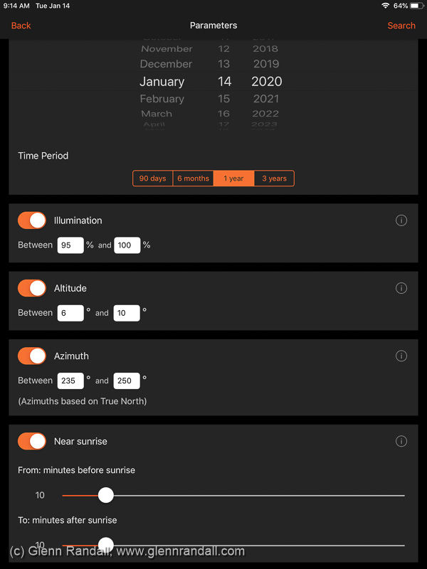 Figure 2. The Search Parameters screen in Sun Surveyor.