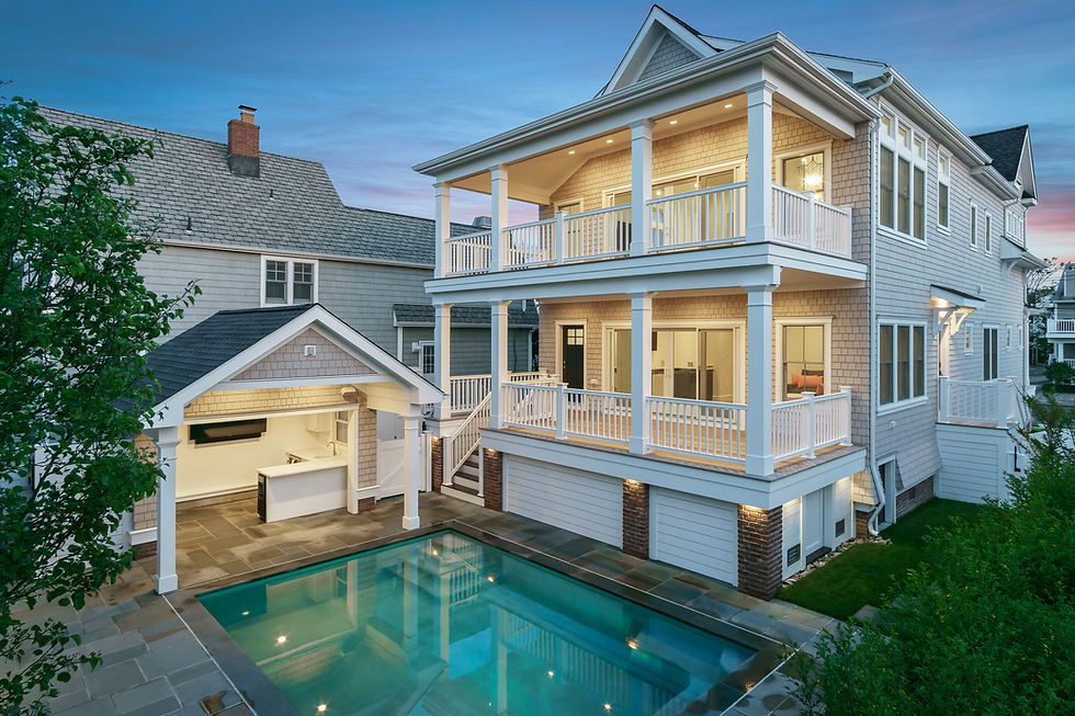 Pool patio with pool house