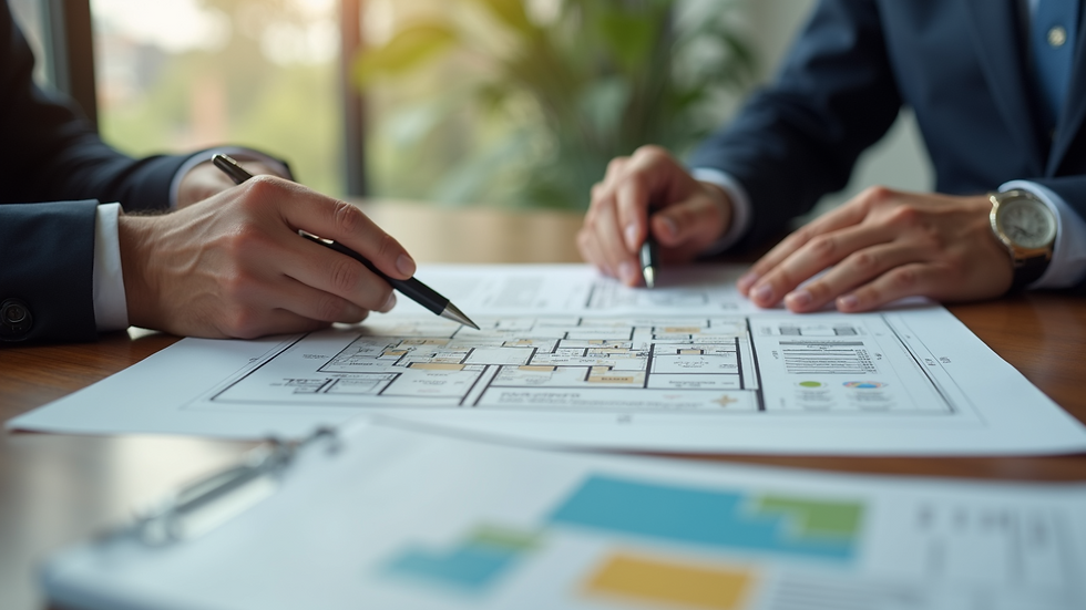 Close-up view of a real estate agent showing a property plan to a client