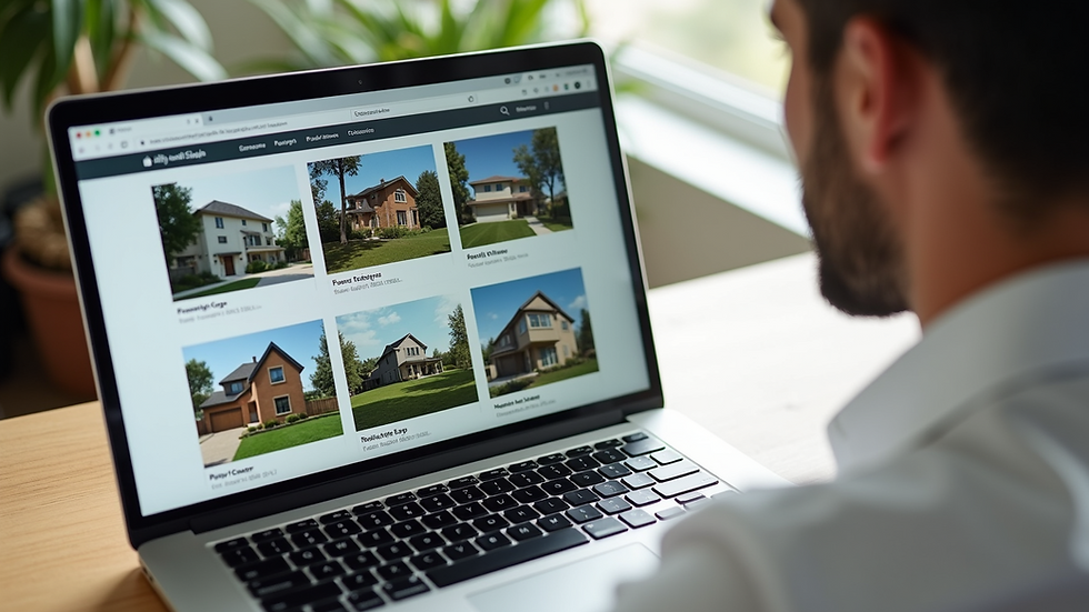 High angle view of a laptop displaying a real estate website with property listings