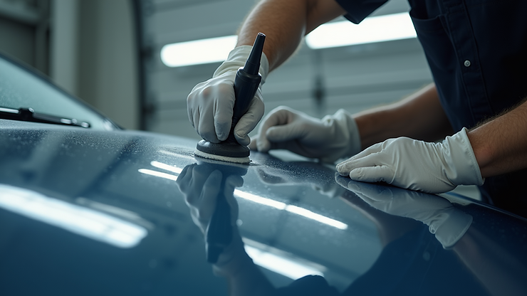 High angle view of a professional applying ceramic coating to a car’s hood
