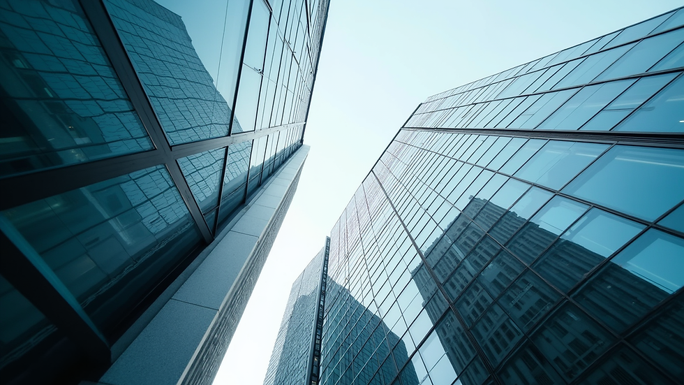 Eye-level view of a modern office building with glass facade