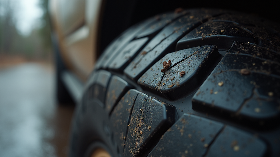 Close-up view of a tire showing signs of aging