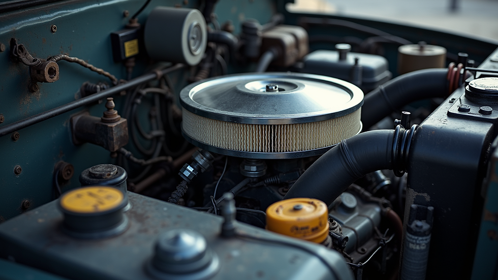 High angle view of a diesel truck engine compartment with clean air filter