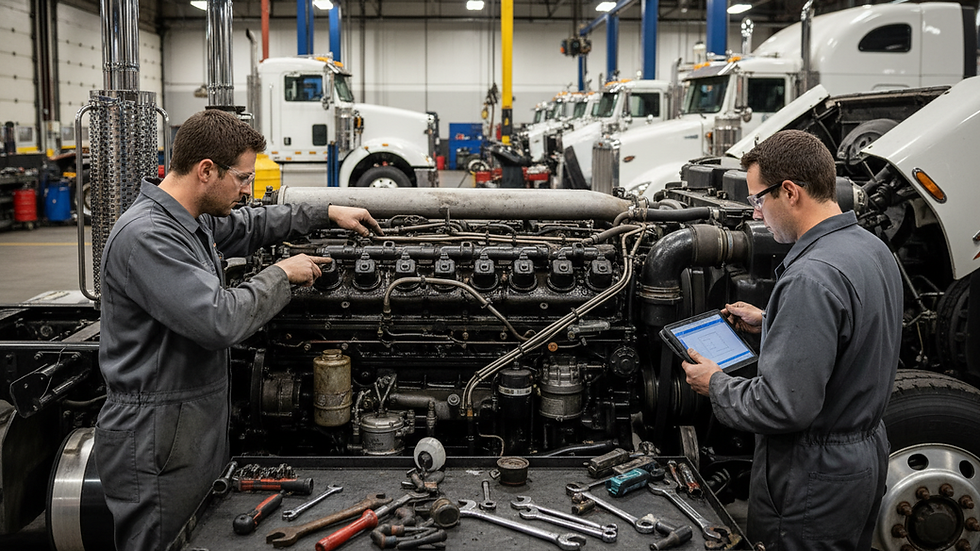 Eye-level view of a diesel truck engine being inspected in a repair shop