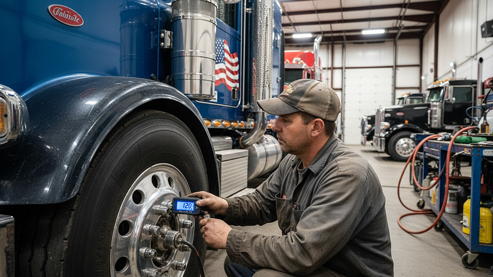 Close-up view of a mechanic checking tire pressure on a heavy-duty truck