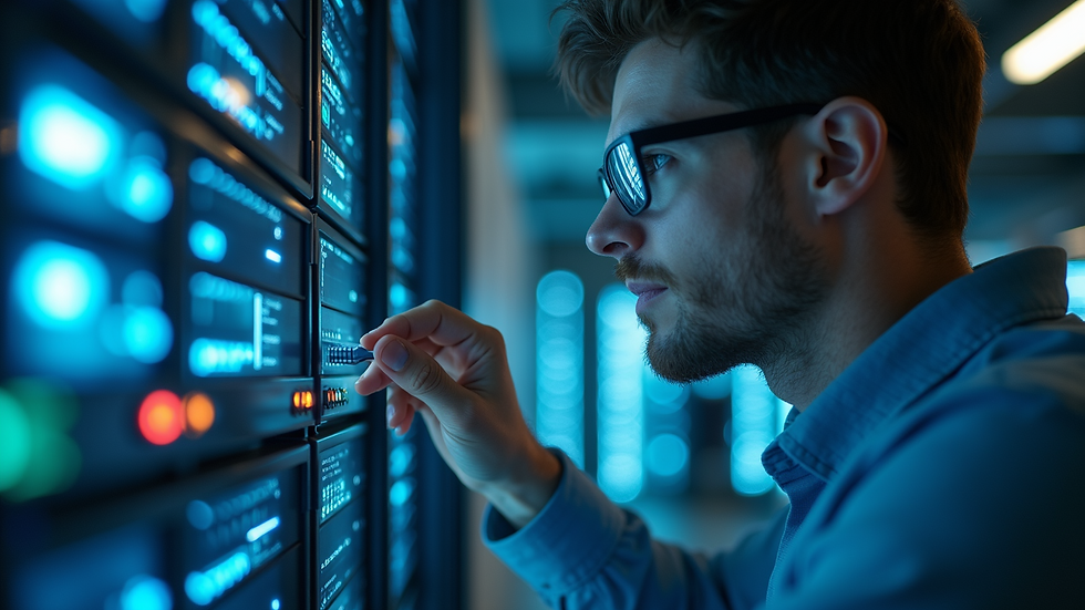 Vue en plongée d’un technicien informatique configurant un réseau sécurisé