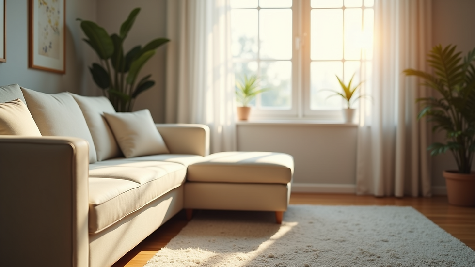 Close-up view of a calm therapy room with a couch and soft natural light