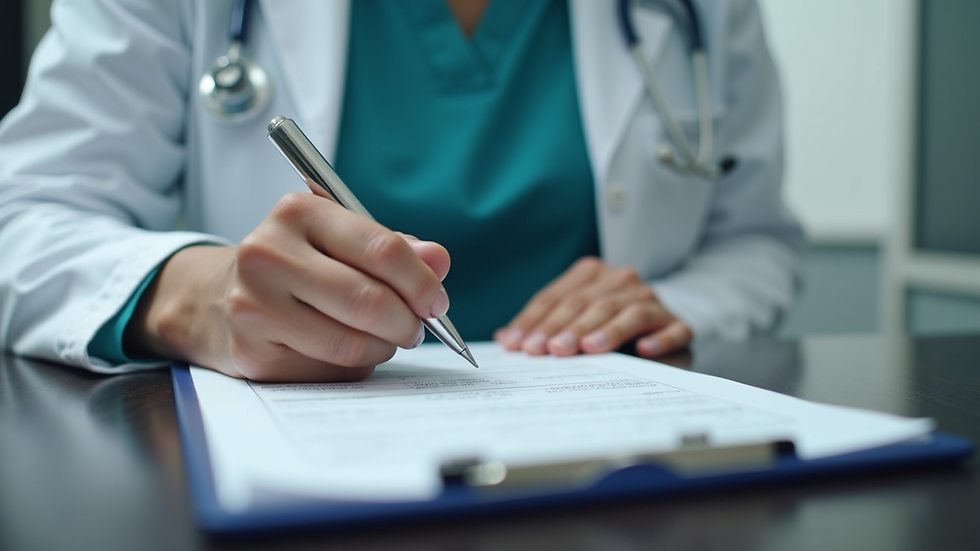 Close-up view of a patient filling out medical forms on a clipboard