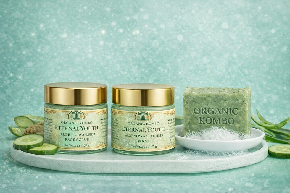Organic Kombo Eternal Youth Aloe Vera + Cucumber sample set with scrub, mask, and bar soap on tray