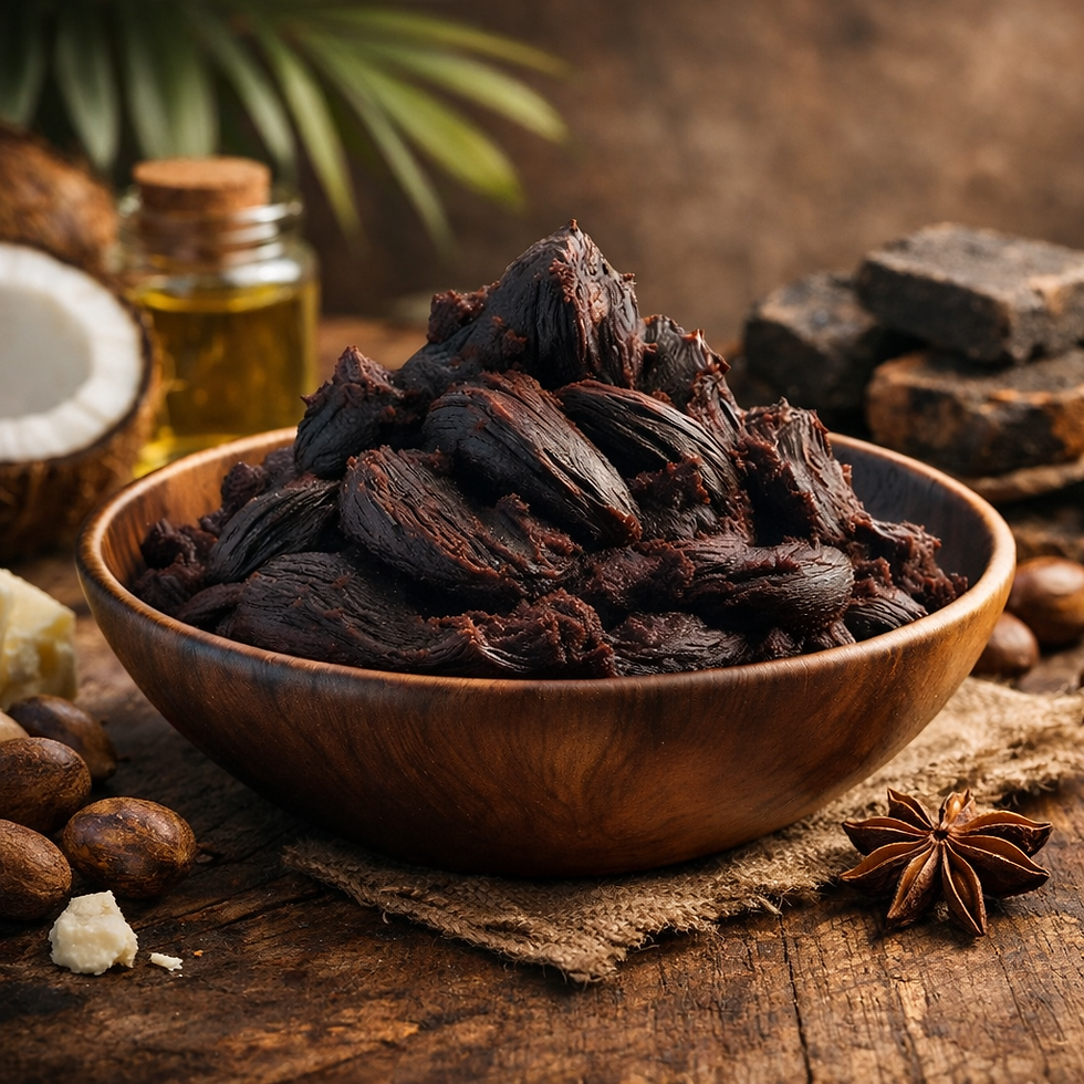 “Kombo butter whipped balm in wooden bowl with coconut and oils on rustic table”