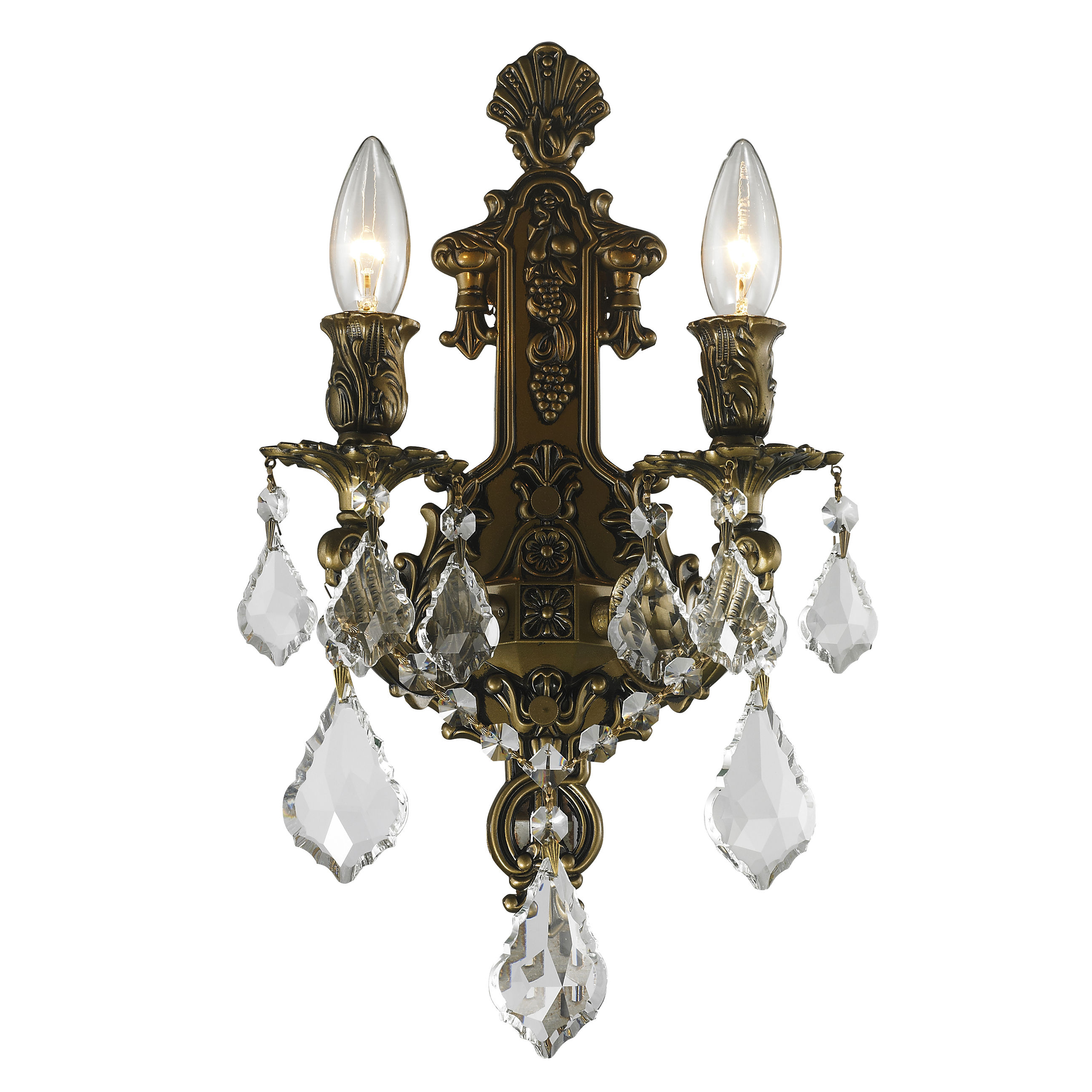 VERSAILLES 2 LIGHT ANTIQUE BRONZE FINISH AND CLEAR CRYSTAL WALL SCONCE LIGHT