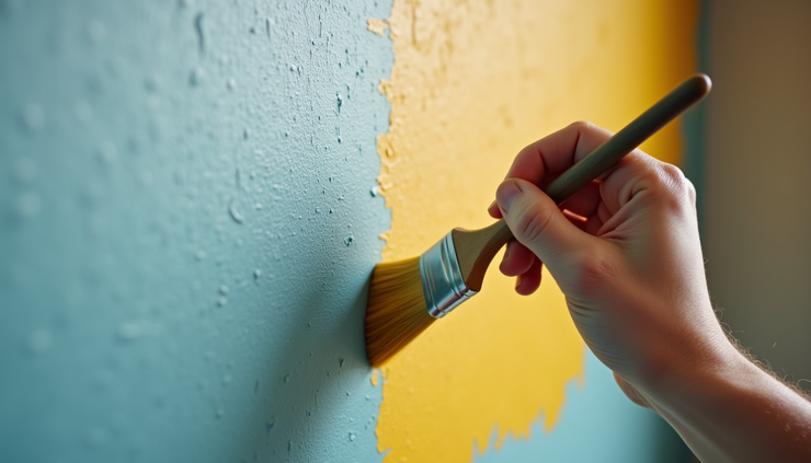 Close-up view of a painter’s hand holding a brush applying a fresh coat of paint on a textured wall