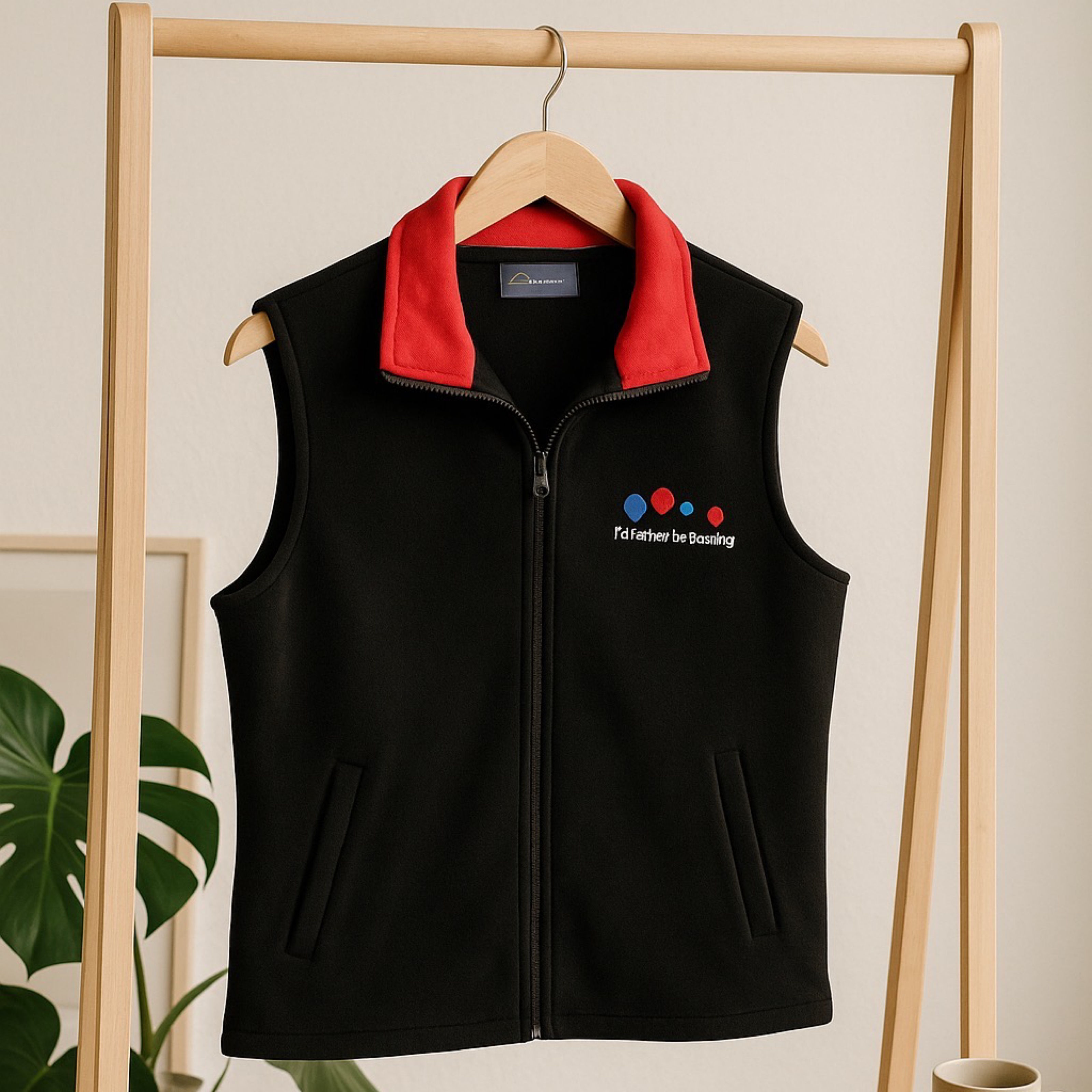 Lawn Bowls Vest – Polar Fleece “I’d Rather Be Bowling” Black with Red Trim