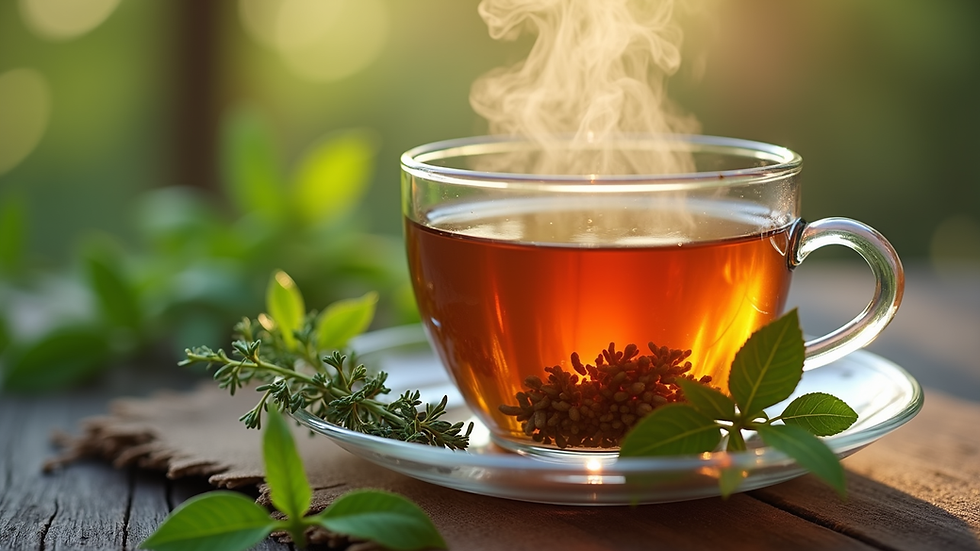 Close-up view of a steaming cup of herbal tea with fresh herbs
