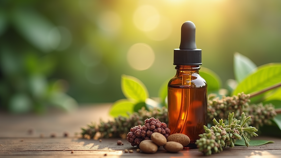 Close-up view of herbal tincture bottle with natural ingredients