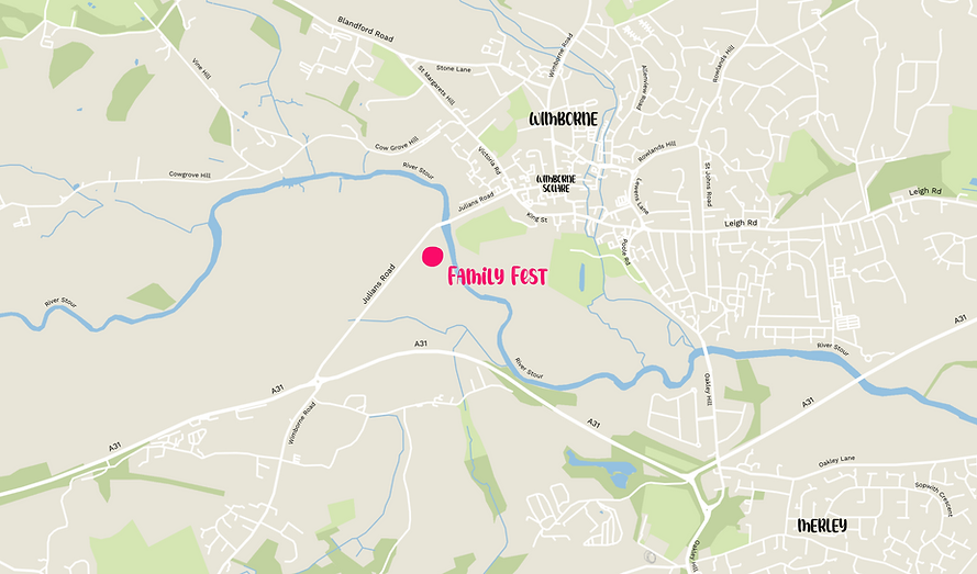 Family Fest Map showing the location of Family Fest festival in Wimborne, Dorset