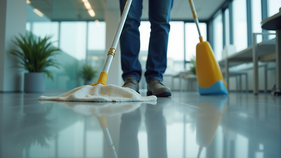 Eye-level view of a professional cleaner using eco-friendly products in a modern office