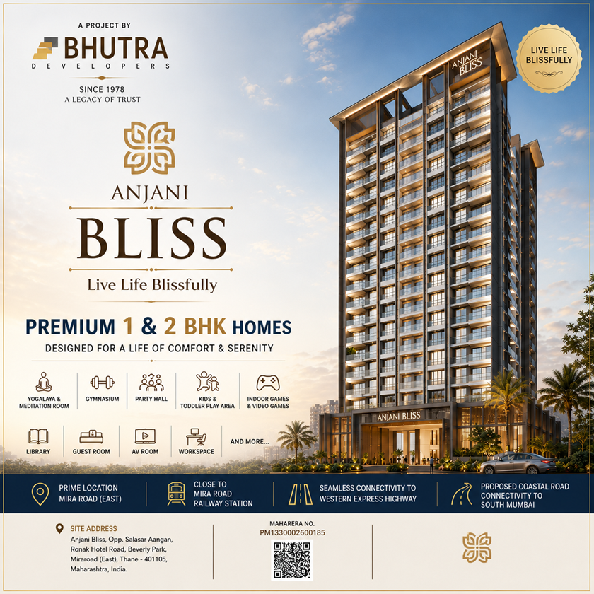 Anjani Bliss Mira Road East, Anjani Bliss Apartments, Anjani Bliss Bhutra Developers, Bhutra Developers Projects, Flats for Sale in Mira Road East, 1 BHK Flats in Mira Road East, 2 BHK Flats in Mira Road East, New Residential Projects in Mira Road East