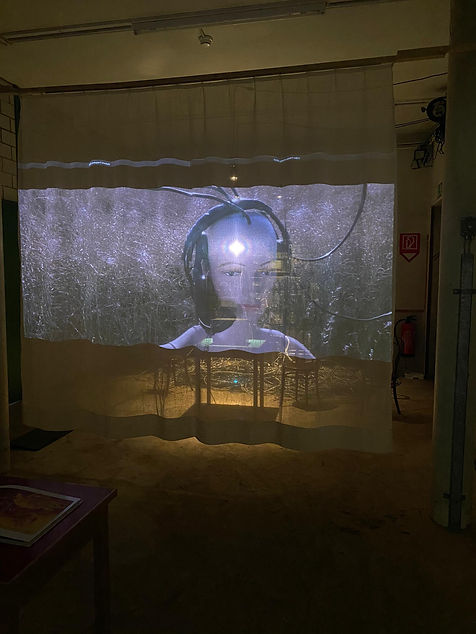 Reconnected, Frequency, installation, audio, video, radio receiver, contemporary art, fant wenger, art, sytem, table, chair, curtain