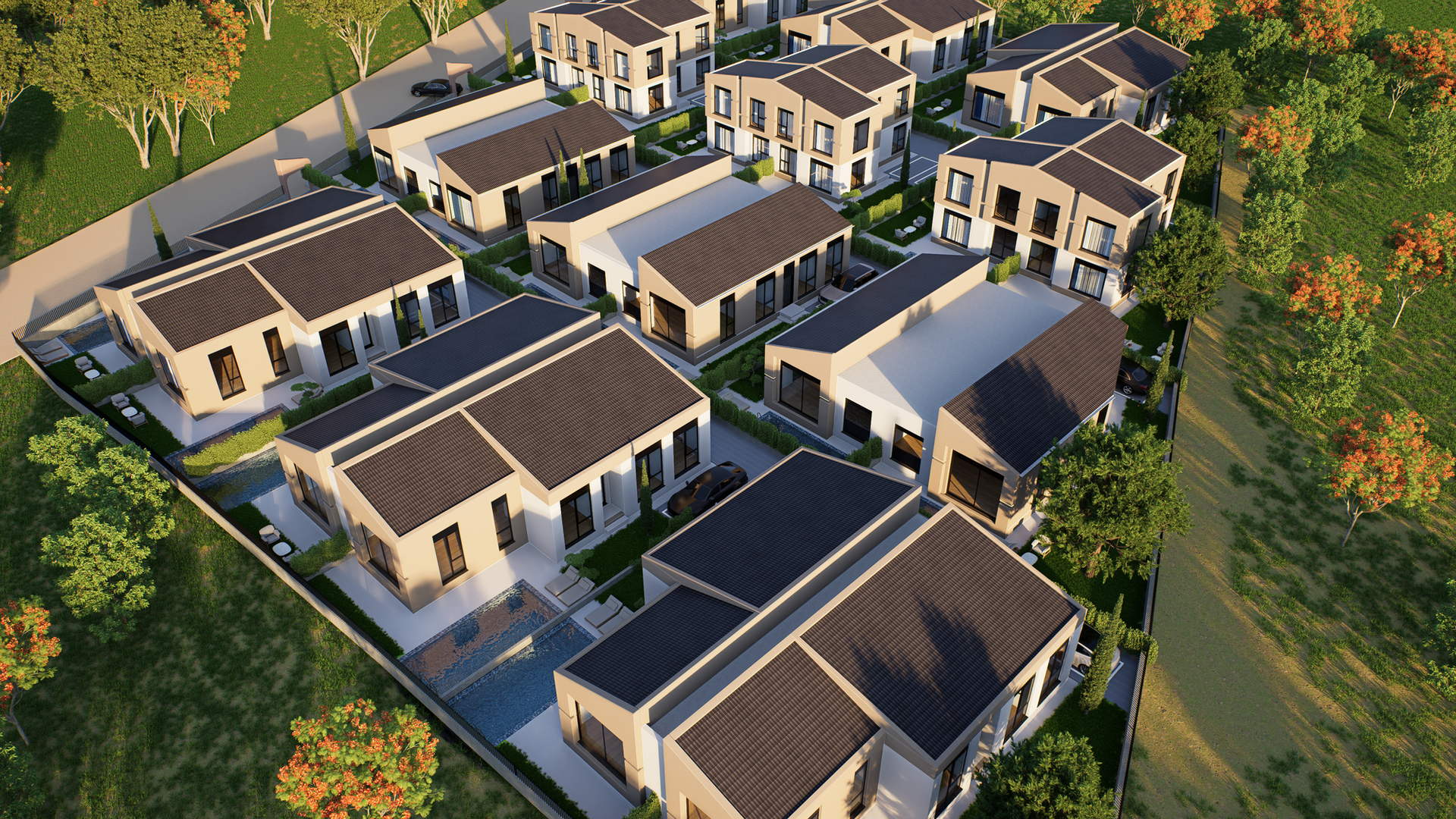 Remka Sunrise — Bahçe içinde farklı konut ölçekleri.