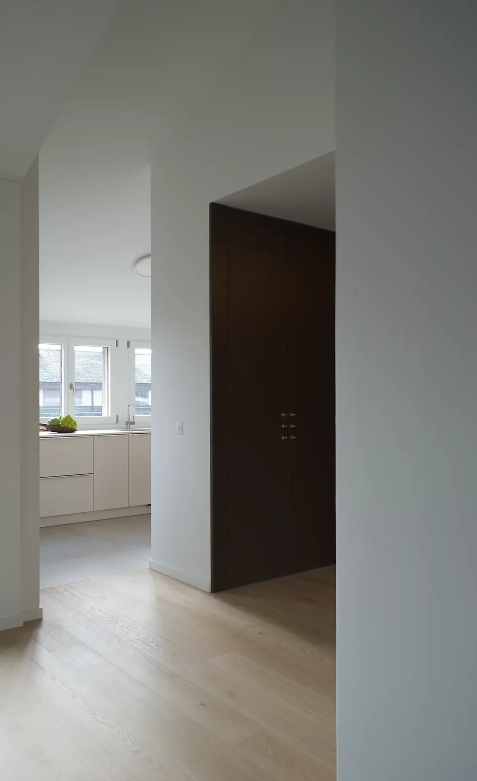 Interior perspective showing the architectural transition from a dark wood entry hall to a light-filled living space, highlighting natural light amplification in this Geneva apartment renovation.