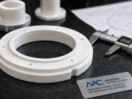 Machined alumina focus ring for semiconductor plasma etch chamber, shown with precision inspection tools.